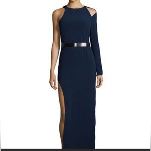 Halston Heritage Asymmetric Side Slit Gown One Sleeve in Navy size 4